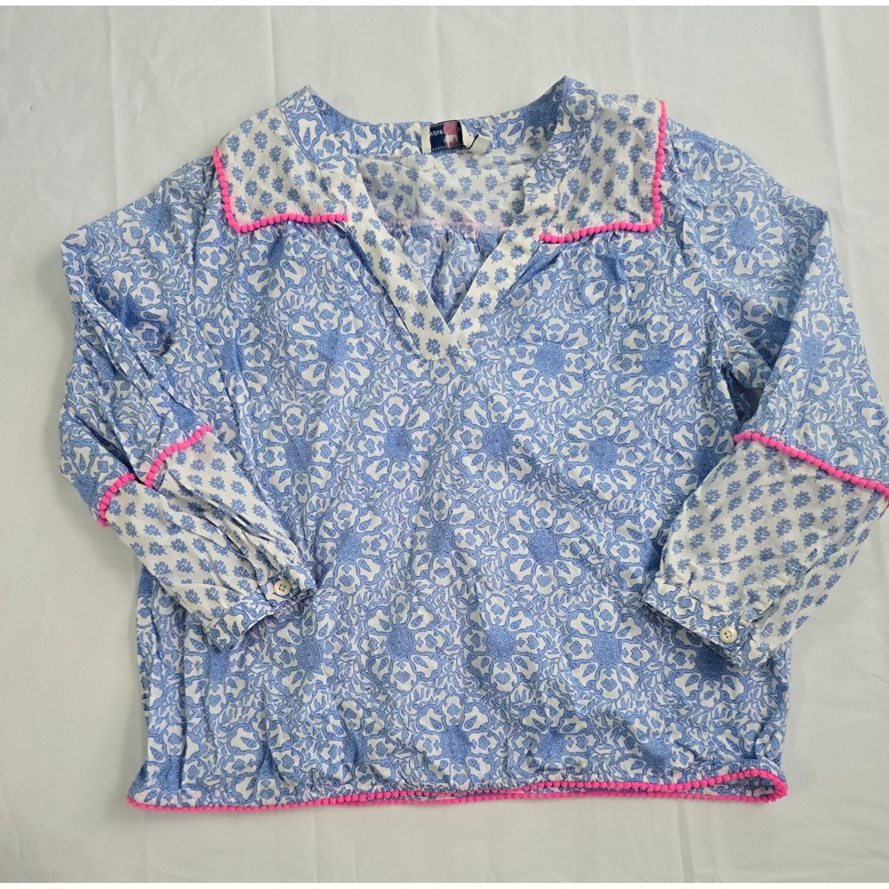 Vineyard Vines Blue White Block Print Pom Pom Trim Blouse Top XS 2K001306 - Picture 2 of 15